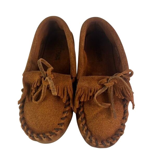MINNETONKA Moccasin Casual Shoes Youth Kids US 2 Brown Suede Slip On Fringe 2402 - Picture 1 of 13
